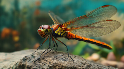 Detailed Dragonfly Close-Up on Rock with Translucent Wings and Vivid Colors