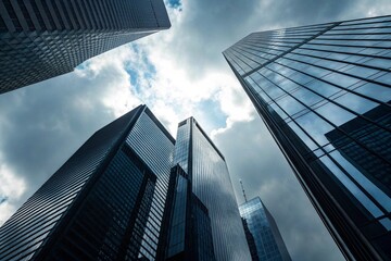 Naklejka premium Converging Skyscrapers with Reflective Glass Facades Framing Cloudy Sky in Dramatic Urban Perspective