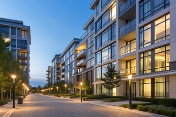 Twilight Residential Walkway Framed by Modern Apartment Buildings with Balconies, Street Lamps, and Trees