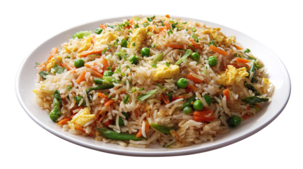 Delicious Plate of Fried Rice with Egg, Chicken and Vegetables Isolated on a Transparent Background