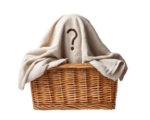 Wicker basket with towel and question mark