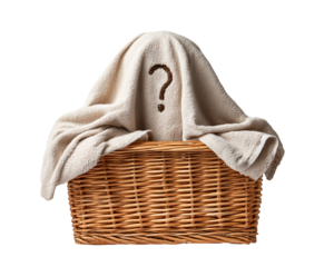 Wicker basket with towel and question mark