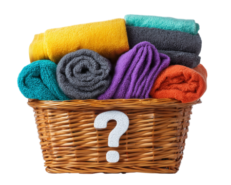 Wicker basket with towel and question mark