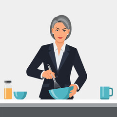 Woman in Suit Whisking in Bowl Preparing Food at Counter