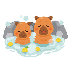 温泉に浸かったカピバラのイラスト　柚子風呂