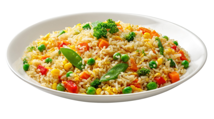 Delicious Plate of Fried Rice with Egg, Chicken and Vegetables Isolated on a Transparent Background