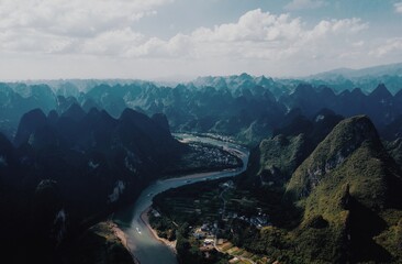 Stunning karst landscape of Yangshuo in China showcasing hills and winding river