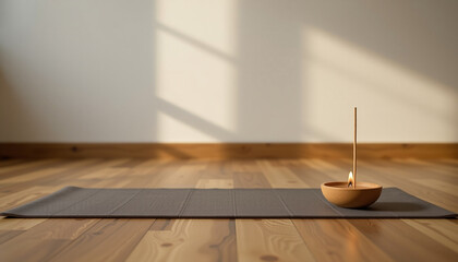 Serene yoga mat with incense holder, creating peaceful atmosphere for meditation and relaxation