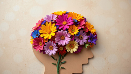 Creative representation of mental health featuring silhouette of head filled with vibrant flowers, symbolizing growth and positivity