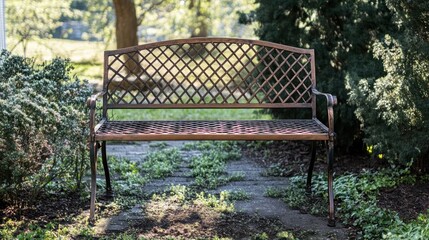Vintage metal garden bench with woven seat and backrest in an outdoor setting