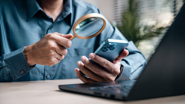 Using magnifying glass web search internet. Magnifier finance audit accounting. Magnifier analyzing research. Magnifying glass analyzing target audience marketing Woman job search website. Magnifying