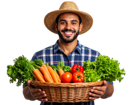 Smiling Hispanic Male Farmer in Straw Hat Holding Colorful Vegetable Basket, Front Portrait, Isolated