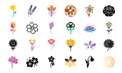 Diverse Collection of Colorful and Stylized Flower Icons and Silhouettes for Design, Nature, and Botanical Themes