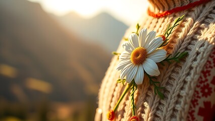 Glowing Swiss lantern with white cross motif, resting on rustic wood with alpine meadow in soft focus.