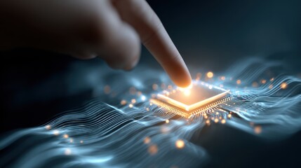 Digital Interface: A close-up shot of a finger interacting with a glowing computer chip, set against a dynamic network of interconnected data streams.