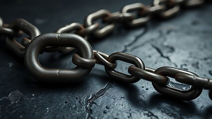 Broken iron chain links on a dark surface, symbolizing liberation and breaking free from constraints.