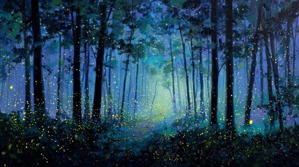 Fototapeta premium Glowing firefly path in forest