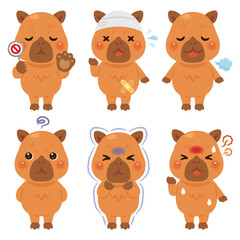 様々な状態のカピバラのキャラクターイラストセット