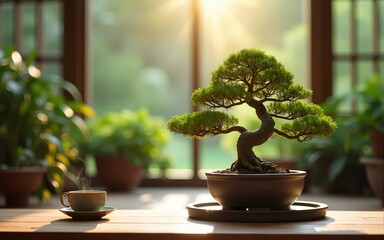 Tranquil bonsai tea ceremony indoor sunlight garden. High quality