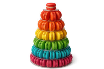 Colorful macarons stacked in pyramid arrangement, highlighting french pastry elegance and celebratory dessert design