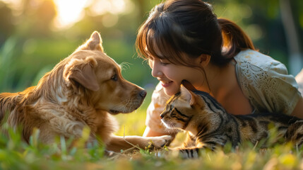 Young woman smiling while playing with a golden retriever and a tabby cat in a sunlit park, enjoying a peaceful and heartwarming moment with her pets.