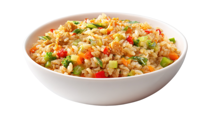 Delicious Plate of Fried Rice with Egg, Chicken and Vegetables Isolated on a Transparent Background