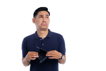 Sad young Asian man holding an empty wallet and looking up isolated on transparent background
