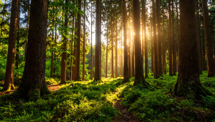 Golden Sunlight Filtering Through Dense Forest Canopy