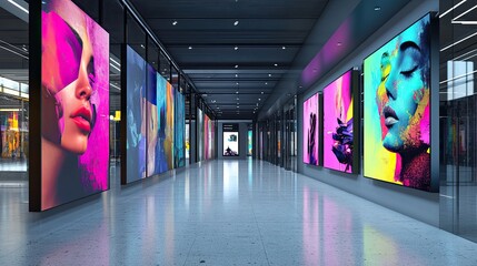 Colorful digital displays lining a modern shopping mall corridor.