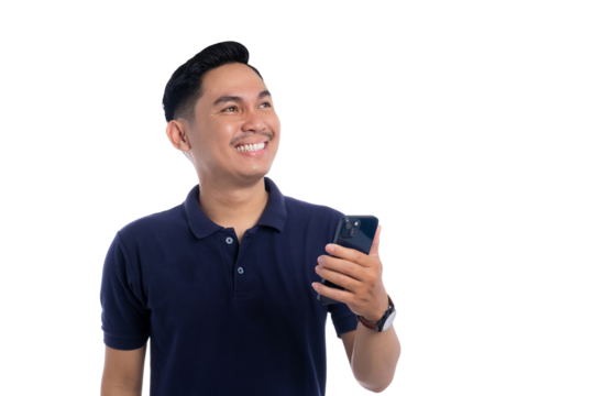 Happy young Asian man looking up while holding smartphone isolated on transparent background
