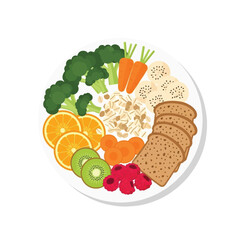 Colorful plate of healthy breakfast with fruits, vegetables, and grains.