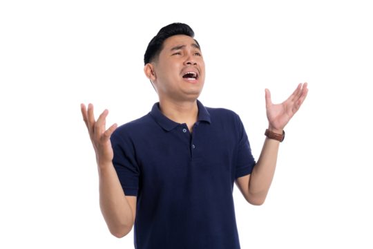 Frustrated young Asian man shrugging with hands up and helpless expression isolated on transparent background