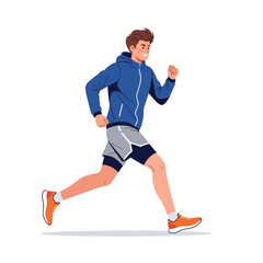 A young man in athletic attire running vigorously on a white background.