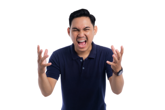 Angry young Asian man shouting with frustrated expression and hands up isolated on transparent background
