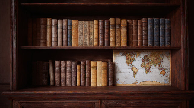 Explore a Timeless Lifestyle with an Elegant Library Shelf Displaying Vintage Books and a World Map for Inspired Reading and Study Environments