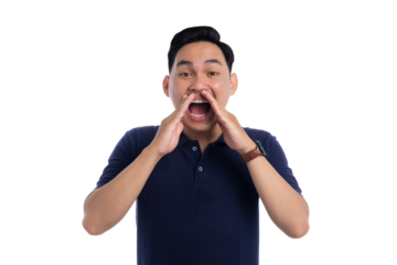 Young Asian man shouting or announcing with hands cupped around mouth isolated on transparent background