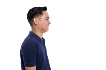 Side profile of a smiling young Asian man looking forward isolated on transparent background