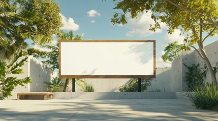 Empty billboard in a tropical garden setting.