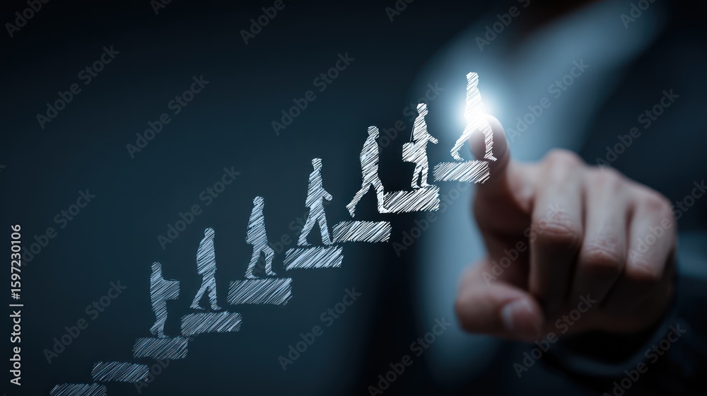 Canvas Prints progressive steps: symbolic image depicts a person pointing to the last person going up the steps as