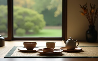 A simple tea ceremony setup by a window overlooking a garden. High quality