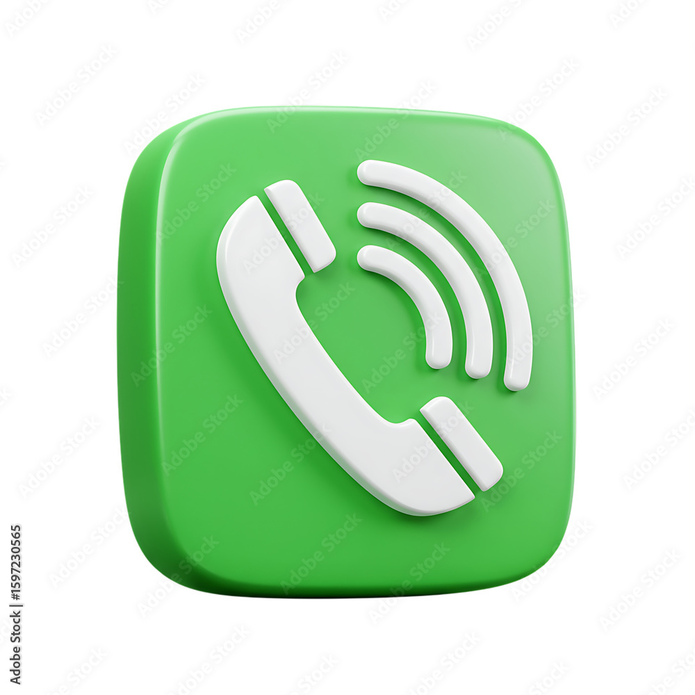 Fototapete modern 3d icon of a white telephone receiver with sound waves on a vibrant green rounded square isol