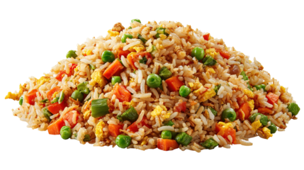 Delicious Plate of Fried Rice with Egg, Chicken and Vegetables Isolated on a Transparent Background
