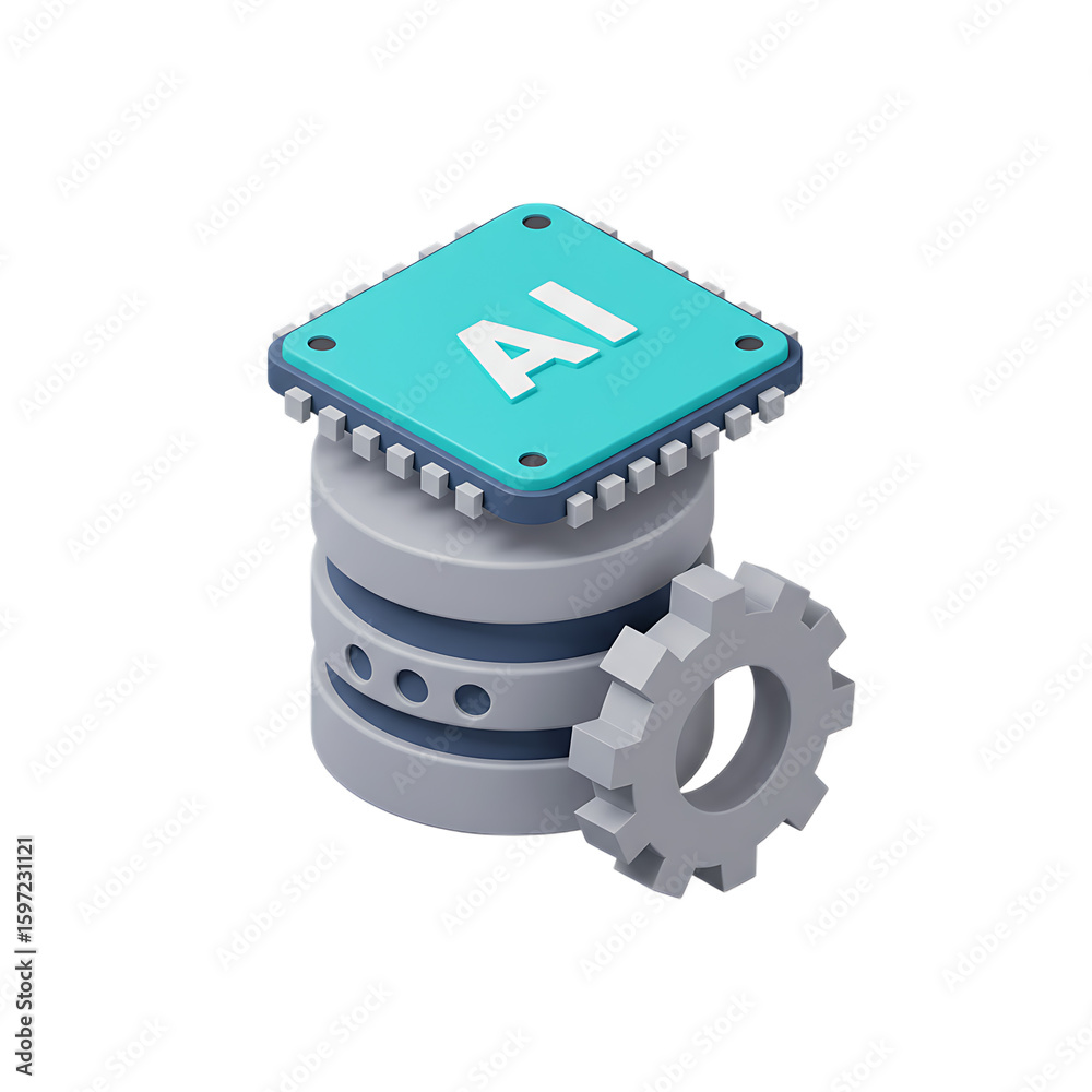 Poster abstract 3d rendering of a stylized database cylinder topped with an ai chip and a gear isolated on 