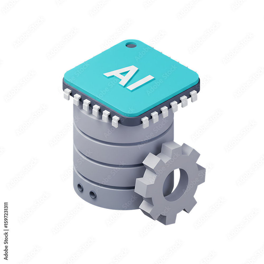 Poster stylized 3d rendering of a database icon with ai symbol and gear isolated on transparent background