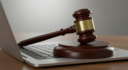 Obraz premium Wooden Gavel on Laptop Symbolizing Digital Law and Online Legal Practices with Soft Lighting Against Gray Background