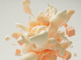 Creamy peach fluid forms with granular textures and geometric shapes