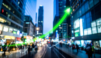 Fototapeta premium Green Arrow Ascending Above City Buildings Illustrating Financial Growth