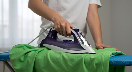 Close Up of a Person Ironing a Green Garment with Blue Ironing Board in Bright Indoor Light