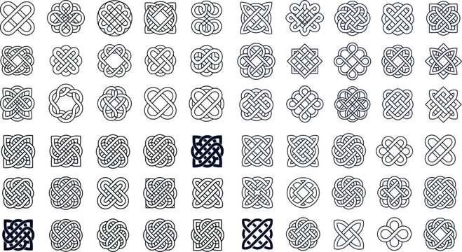  a large assortment of intricate Celtic knot designs, primarily in square and circular forms. The knots are composed of intertwined lines forming complex geometric patterns, with some featuring a dark