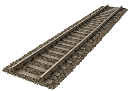 Straight railway tracks extending into the distance with gravel bed and clear sky